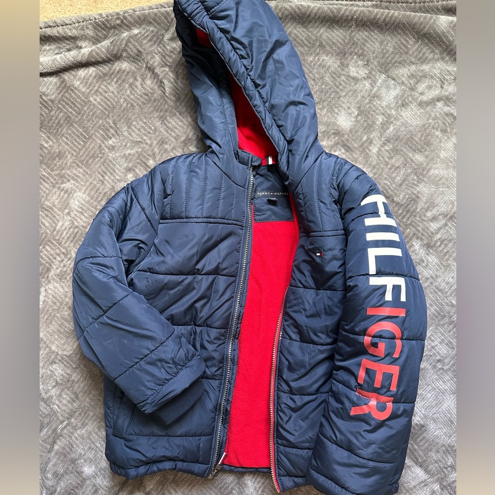 Tommy Hilfiger Blue and Red Puffer Jacket with Quilted Design